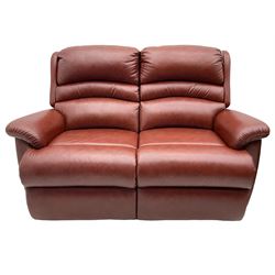Two seat sofa (W158cm), upholstered in brown leather, with matching armchair (W93cm) and footstool 