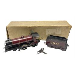 Bassett-Lowke '0' gauge - clockwork 4-4-0 locomotive 'Duke of York' No.1931 with tender, lithographed LMS crimson/black; original box with key