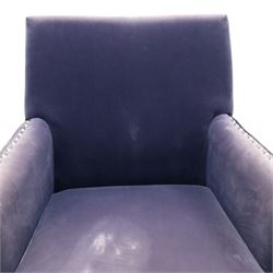 OKA - Sutcliff armchair, upholstered in purple velvet, chrome studded detailing, raised on grey stained legs