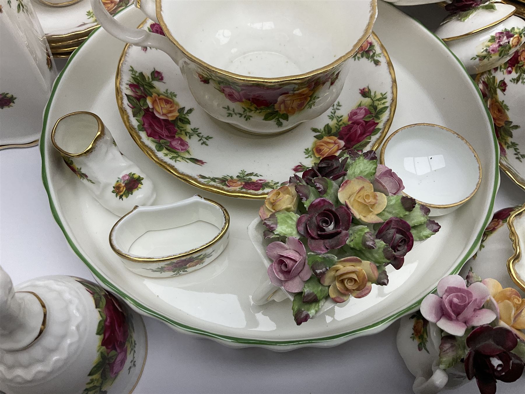 Royal Albert Old Country Roses pattern part tea and dinner service, including coffee pot, miniature teapot and stand, eight dinner plates, cake stand, sauce boat etc 