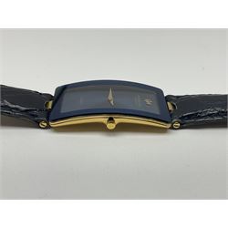 Raymond Weil ladies 'Othello' wristwatch, the rectangular 18ct gold plated case with blue enamel dial, on a Raymond Veil navy blue crocodile leather strap, in original box