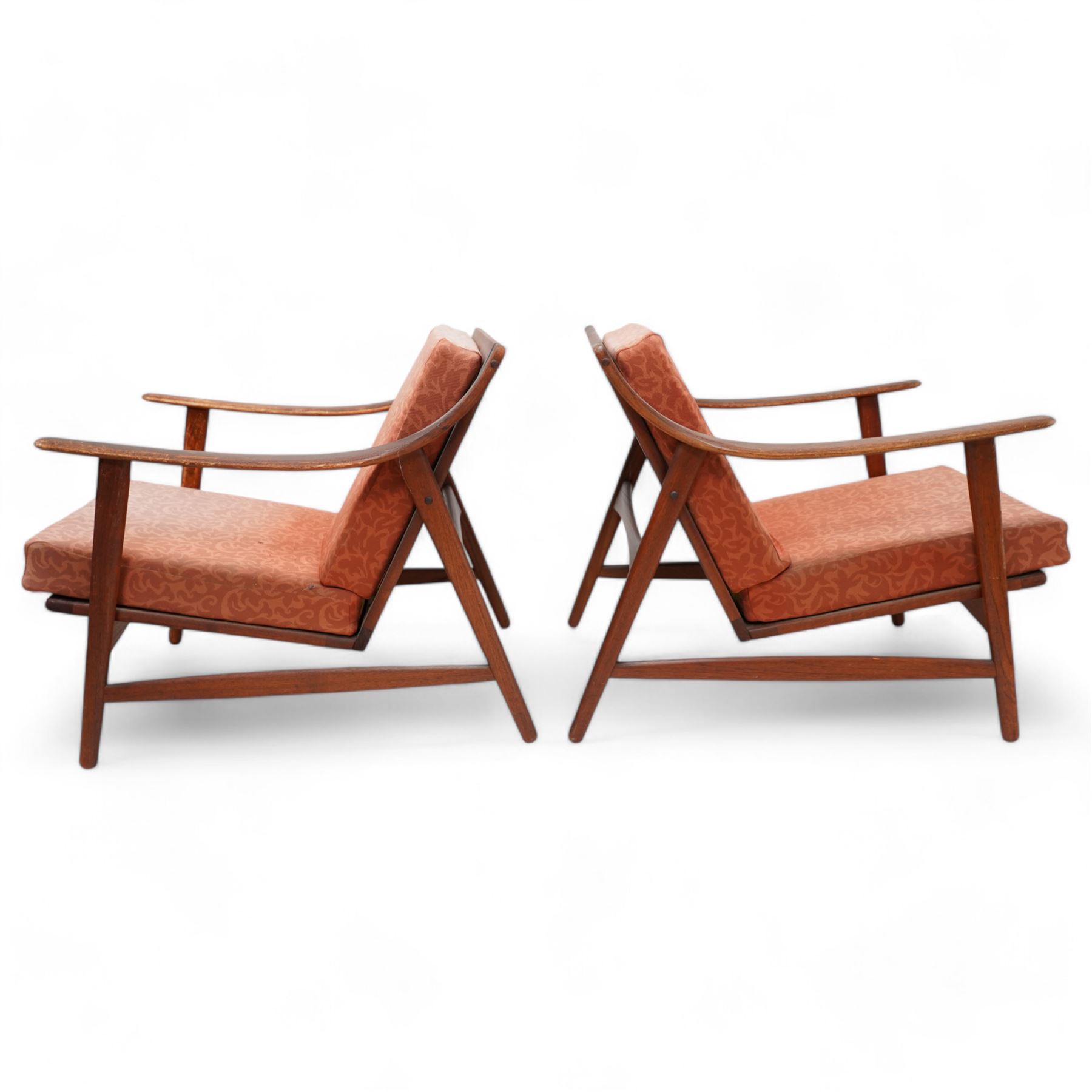  Arne Hovmand-Olsen (1919-1989) for Mogens Kold of Denmark - pair of mid-20th century teak open easy chairs, sprung loose cushions upholstered in loose foliate patterned burnt orange fabric, stamped to underside of chair