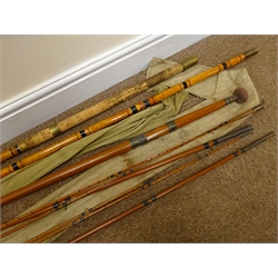  Charles Farlow & Co Makers 191 Strand London 16ft 4 piece greenheart Salmon fishing rod, butt fitted with brass reel fittings and twist lock ferrules, with two additional tips, and a vintage 13ft 6in 3 piece bamboo Coarse fishing rod, both in bags (2)  
