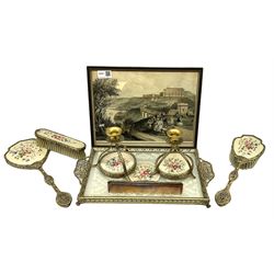 Hand coloured engraving of Scarborough, together with a Vintage dressing table set with needlework inserts