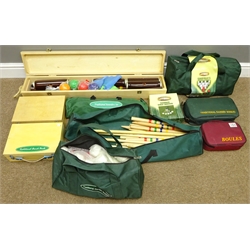  Garden games - 'Traditional Garden Games' croquet set in wooden box, quoit set, two wooden skittle sets, rounders set, two boxed French boule sets, two bagged boule sets and 'Garden Golf Driver'   