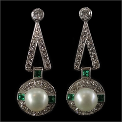 Pair of 18ct white gold Art Deco style diamond, emerald and pearl pendant ear-rings