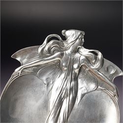 Art Nouveau pewter dish by Achille Gamba, modelled in the form of a female with arms outstretched, impressed no. 1282, H18cm 