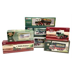 Corgi Eddie Stobart - four Classics lorries; 18801 Bedford KM, 97369 AEC Truck & Trailer, 23101 Ford Transcontinental Tilt Trailer and 14303 Foden S21 Artic Trailer; limited edition 21601 AEC Ergomatic 6-wheel Tipper; and two others in the Roadscene and Truckfest 25 Series; all boxed (7)