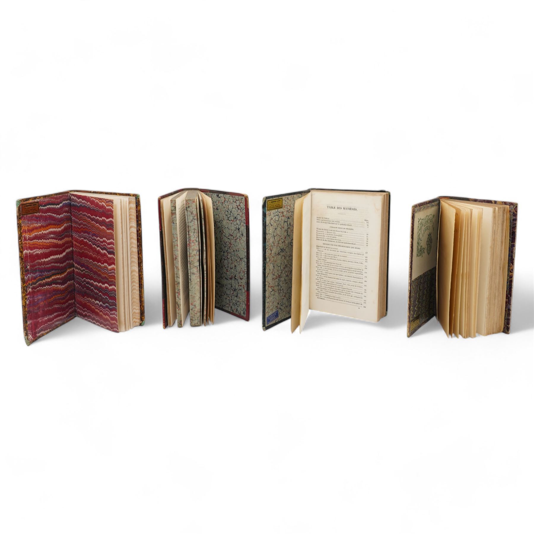 Le Sievre Faret - 'L'Honeste Homme' ou L'Art de Plaire, published in French by Arnould Cotinet, Paris 1660, full calf, J-P de Florian 'Les Six Nouvelles' 1786 and 'Nouvelles Nouvelles' 1792, both in quarter leather Conscience, F -'Les Dialogues de Jacques Tahureau' published Lemere, Paris 1871 in half calf and marbled boards, Berolade de Verville - 'Le Moyen de Parvenir' pub. Garnier Freres 1879, Jacob, Paul - 'Le Cymbalum Mundi' 1841 and 'Les Contes de Bonaventure des Periers' 1843, all published in French and collection of books published in French including H-L Bordier (Ed) - 'Le Chansonnier Hugenot' two volumes 1870, Mace de Villebresme - 'Epistre de Cleriande' limited edition No132, 'Poeme Inedit de Iehan Marot' 1860 and others (11) Saint-Andre, Claude - 'Madame du Barry d'apres les Documents Authentiques' limited edition published in French by Emile- Paul, Paris 1908 No 39/250 soft vellum cover