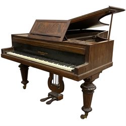 John Broadwood & Sons, London - rosewood grand piano, c1870, straight strung with a bolted iron bar frame, 85 ebony and ivory keys A-A, with original over dampers and key action, traditionally shaped lyre with typically long wooden sustaining and Una corda pedals, turned supports with brass castors.

This item has been registered for sale under Section 10 of the APHA Ivory Act