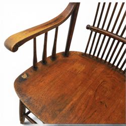 Set of three 19th century ash and elm spindle back Windsor armchairs, arched top rails above fan-shaped spindle backs, curved arms with turned supports, shaped saddle seats, on turned legs joined by H-stretchers