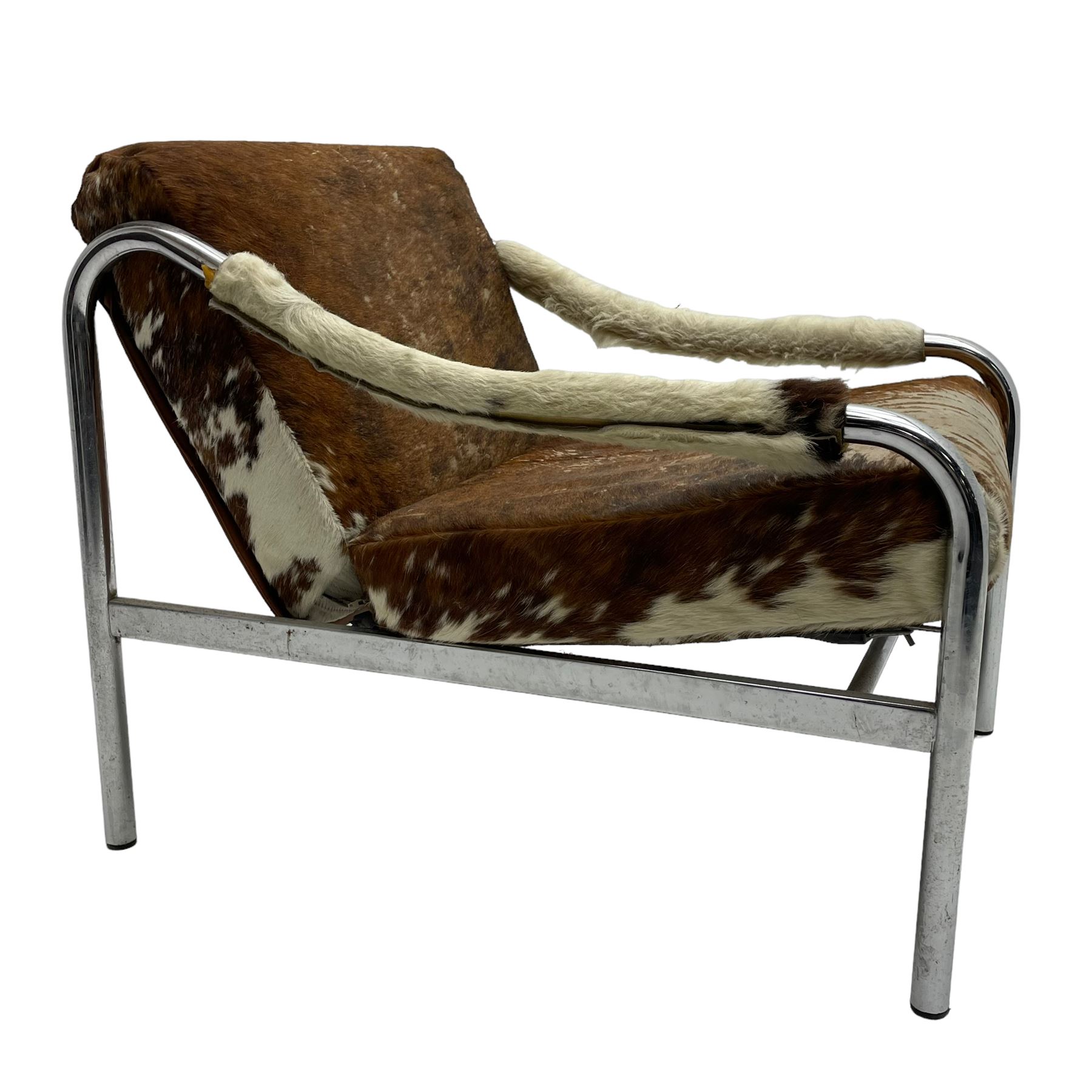 Tim Bates for Pieff - 1970s 'Beta' armchair, chrome frame with leather seat pad, the loose cushions and arms upholstered in tricolour cow hide