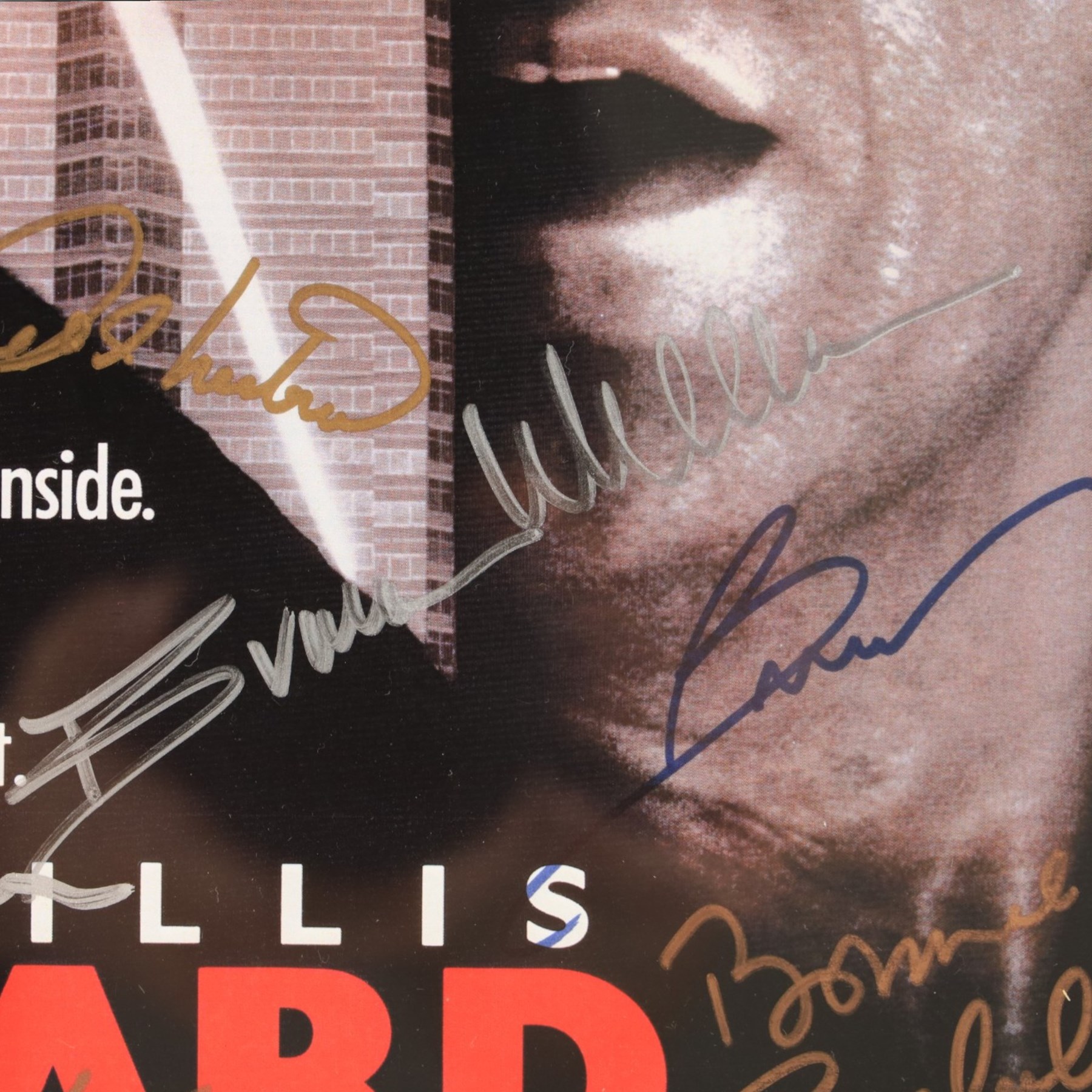 Die Hard (1988) cast signed movie poster, signatures to include Bruce Willis, Bonnie Bedelia, Reginald VelJohnson, William Atherton, Hart Bochner, James Shigeta, Alan Rickman, Bruno Doyon, Andreas Wisniewski and John McTiernan, framed with certificate of authenticity from RICA verso, frame H57cm, W42cm