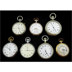 Collection of chrome and plated pocket watches including lever movements by Suab, Saqui & Lawrence and Nirvana, cylinder pocket watch by Soletta, Nero Lemania stop watch and a Richmond Time Recording Co watch (7)