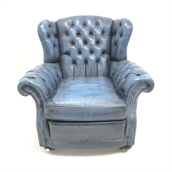 Georgian style wingback armchair upholstered in a deep buttoned blue leather, W91cm