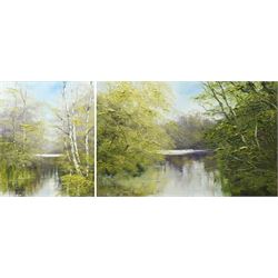 Terence 'Terry' Evans (British 1943-): River Landscape with Silver Birch Trees, pair oils with impasto on canvas signed max 50cm x 75cm (2)
Provenance: with Newquay Galleries