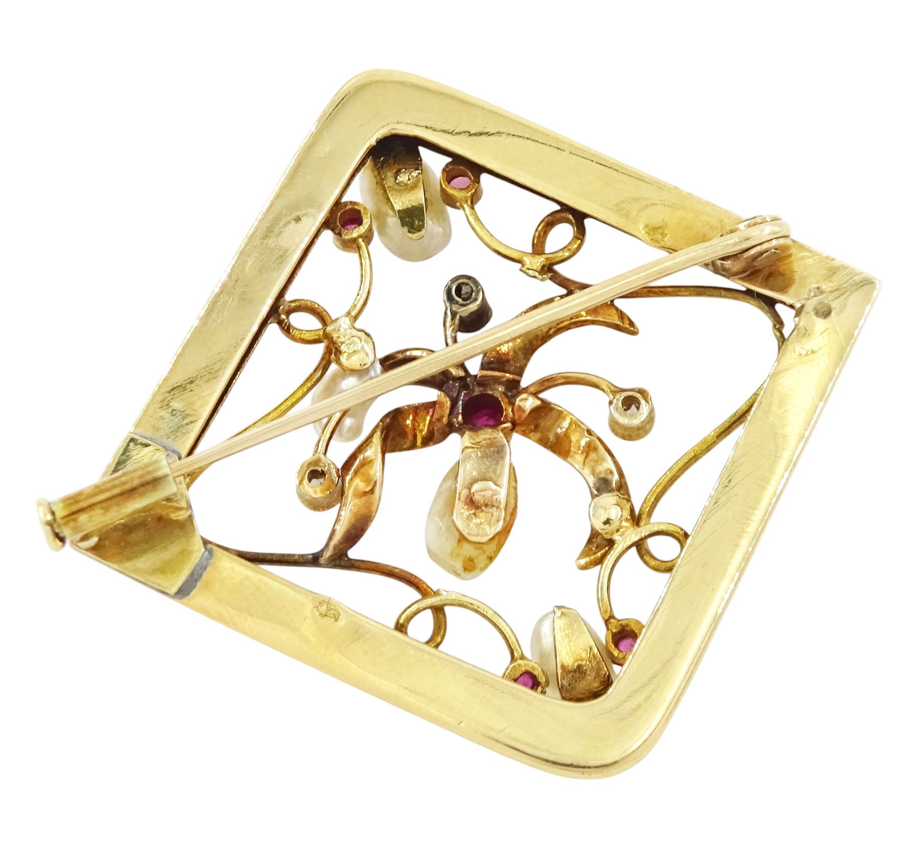 French early 20th century 18ct gold ruby, pearl and diamond square brooch, open work set with six cabochon cut rubies, two rose cut diamonds and four blister pearls, Eagle hallmark