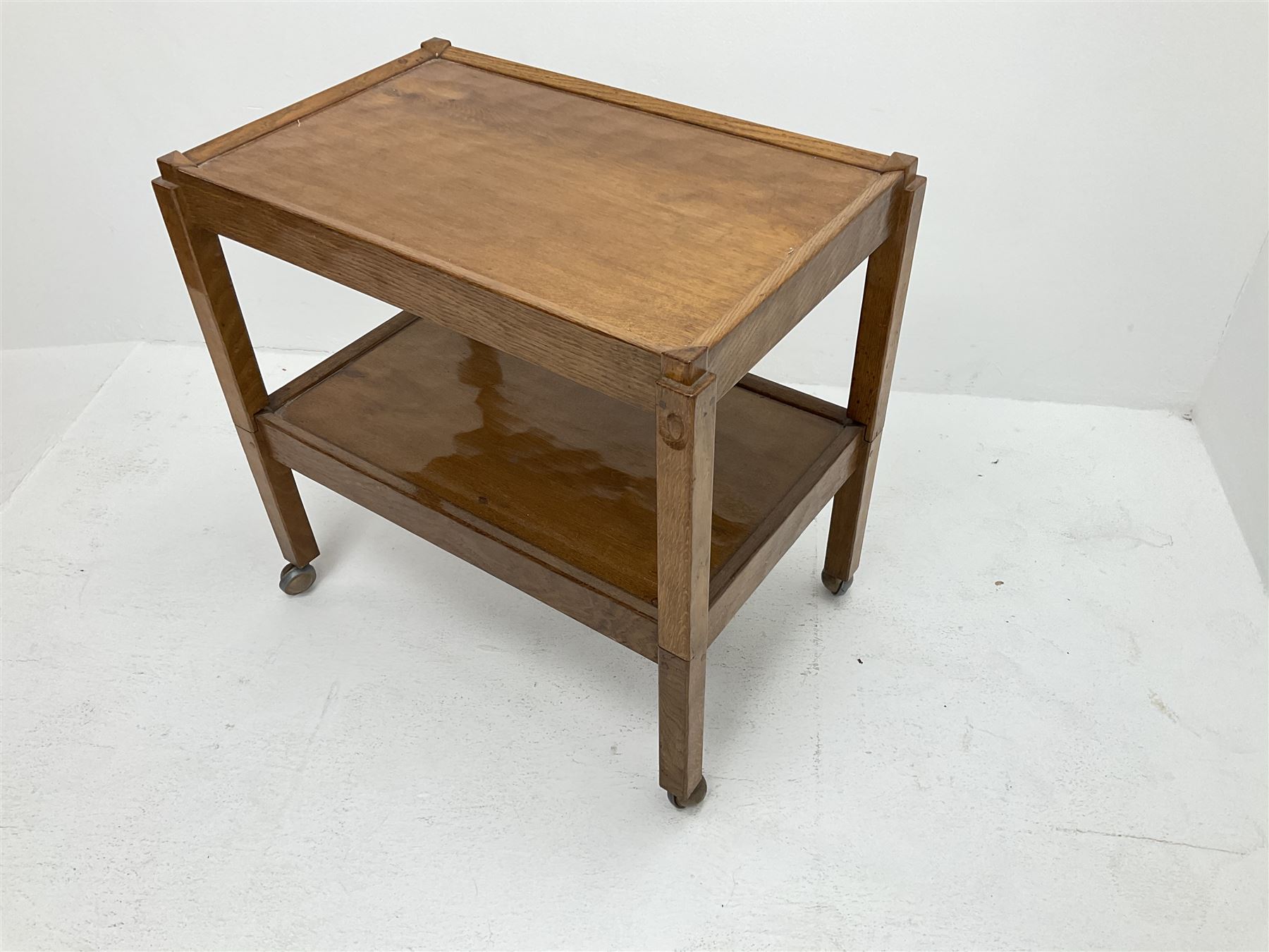 'Acornman' oak tolley with removable upper occasional table, all over adzing, by Alan Grainger of Brandsby, York