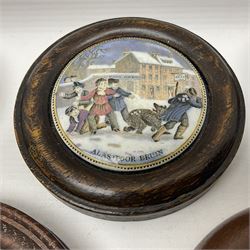 Six framed Prattware pot lids comprising 'Bear, Cock & Lion', 'Bear on Rock', 'Alas! Poor Bruin', ' Lady, Boy and Goats', 'The Shrimpers' and one other, largest D15.5cm (6)