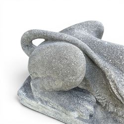 Pair of large cast stone recumbent garden male lions, modelled with flowing manes and raised heads with closed jaws, on rectangular plinth bases