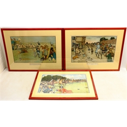  The Bluemarket Races: 'The Arrival on the Course', 'Start' and 'Homewards', three chromolithographs after Cecil Aldin (British 1870-1935) pub. Lawrence & Bullen 1902, 'Preparing Supper and Raising a Toast', two colour prints after the same hand and a Danish Bacon advertising print after Lawson Wood max 38cm x 61cm (6)  