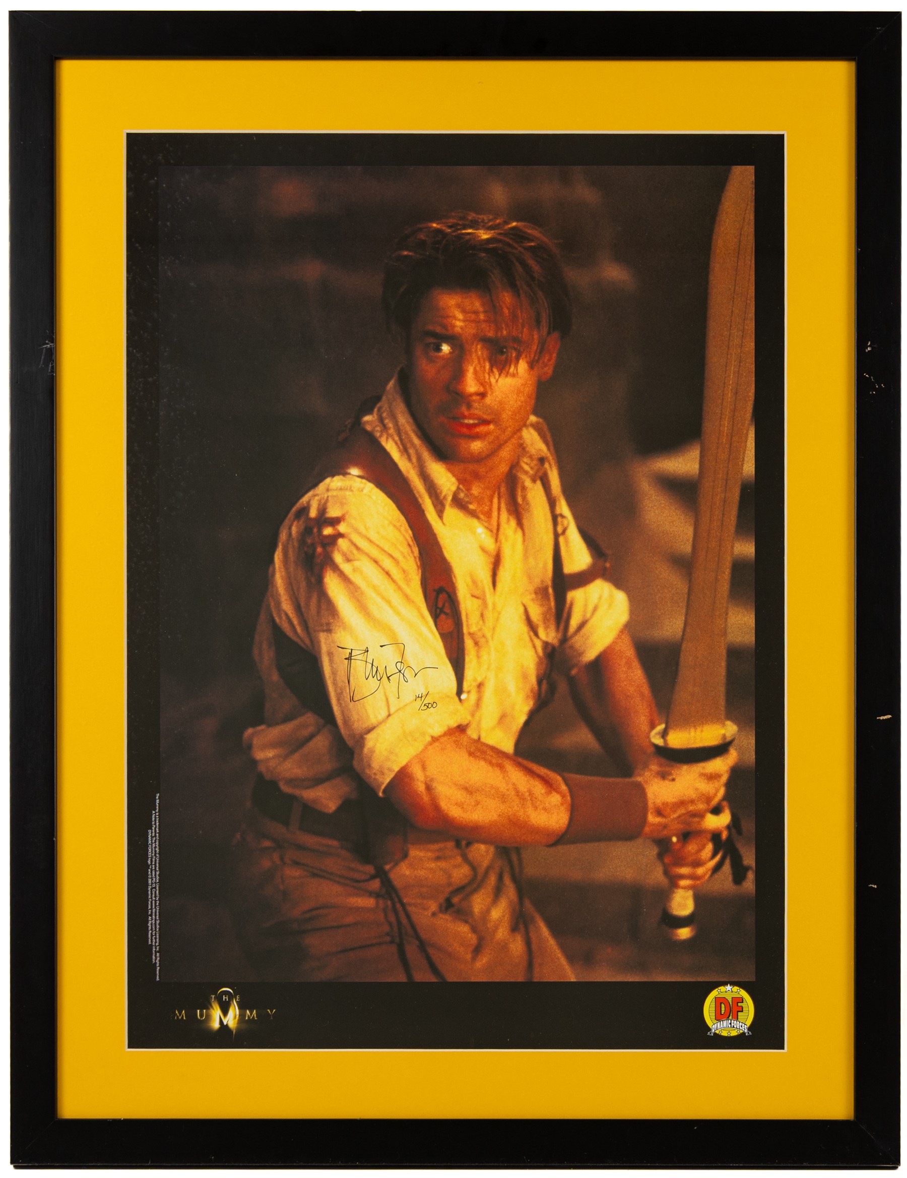 Limited Edition Dynamic Forces signed print of Brendan Fraser in the Mummy, signed by the actor in black ink to the centre, with certificate of authenticity, framed, H59cm