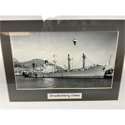 Set of twelve monochrome photographs of mid-20th century merchant vessels comprising general cargo ships, cargo liners, RMMV passenger cargo liners and hospital ship including Rowallan Castle, Drakensberg Castle, Stirling Castle, Capetown Castle, Pachumba, Tilapa etc; average size 18 x 24cm; uniformly mounted in black frames (12)