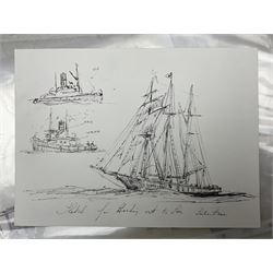 Jack Rigg (British 1927-2023): 'Sketch for Heading Out to Sea - Sail and Steam', pen and ink sketch titled, signed verso 18cm x 24.5cm (unframed)