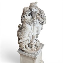 Romeo & Juliet ornate cast stone garden figure, raised on square plinth base