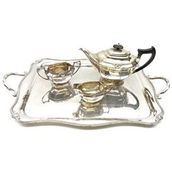 James Deakin and Sons, Silver plated four-piece tea service, comprising of tray, teapot, jug and twin handled sugar bowl. 