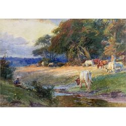 William Gilbert Foster (Staithes Group 1855-1906): Cattle on the Riverside, watercolour signed 25cm x 36cm