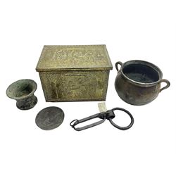 Brass coal box embossed to the lid with figures, together with twin handled caudron and other metalware 