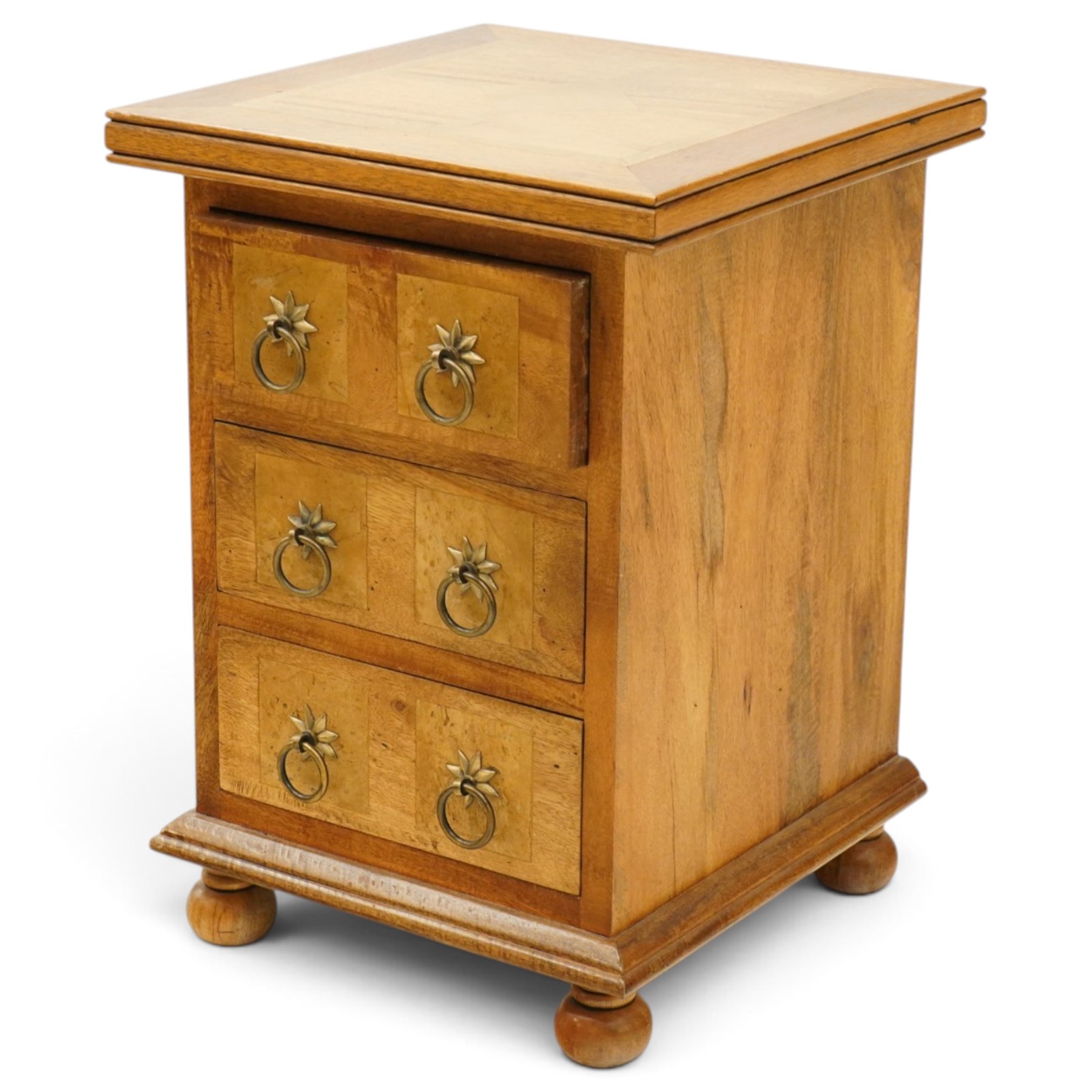Barker & Stonehouse - pair of contemporary flagstone and mango wood bedside chests, the rectangular inlaid top over three drawers with metal ring handles, on compressed bun feet