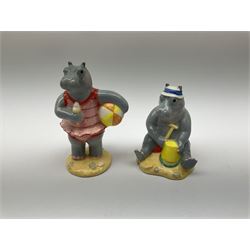 Five limited edition Beswick Hippos on holiday figures, comprising of  Ma Hippo HH3, Harriet Hippo HH5, Grandma Hippo HH1, Grandpa Hippo HH2 and Hugo Hippo HH6. Each with makers box. 