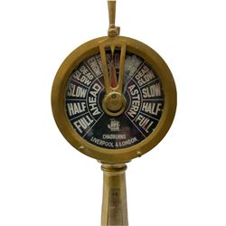 Early 20th century, illuminating brass ship's telegraph by Chadburns of Liverpool and London, on a circular wooden plinth, H55cm