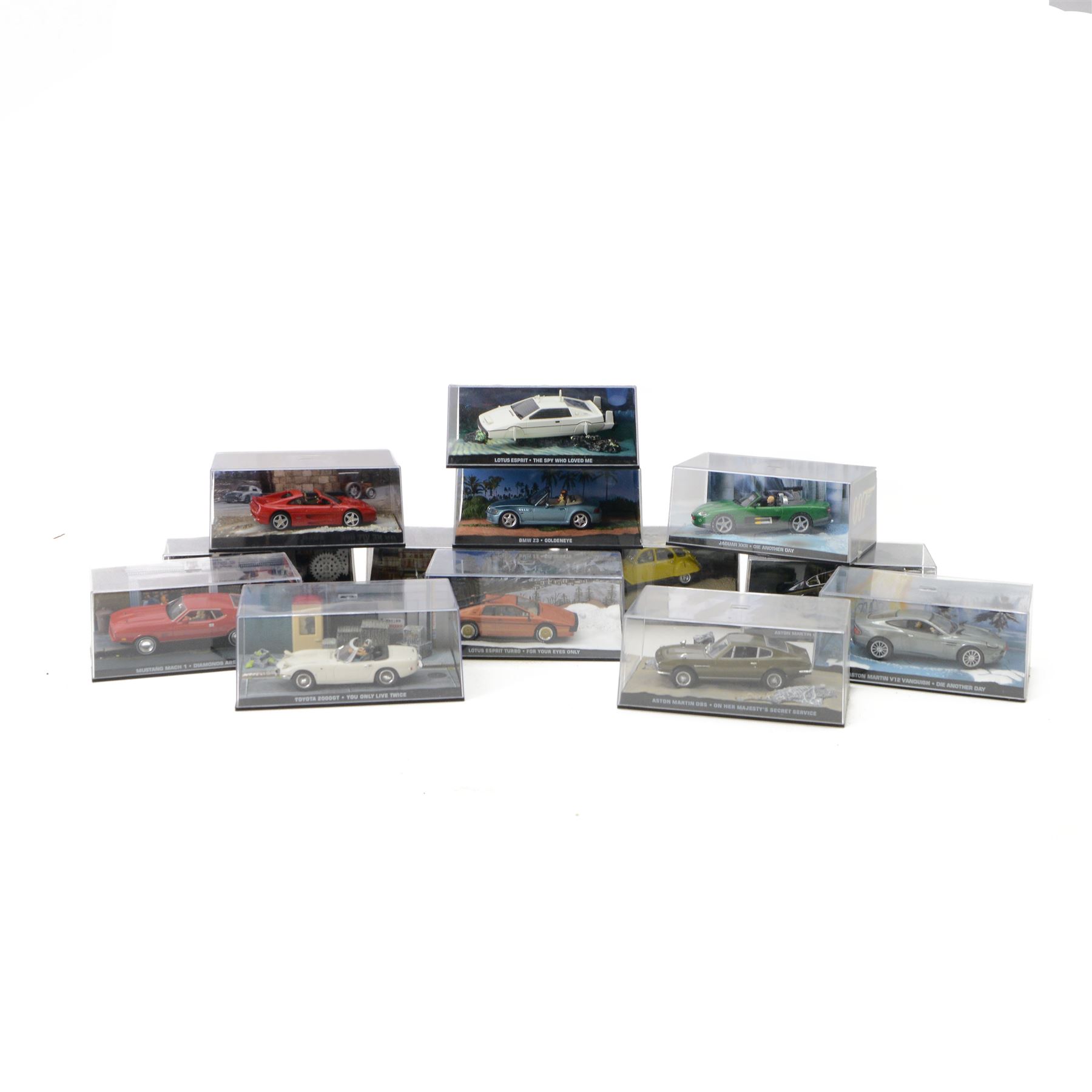 Thirteen Eaglemoss/Fabbri James Bond 007 diecast cars, including Lotus Esprit, Toyota 2000GT, Jaguar XKR, Aston Martin DBS, etc, all in plastic display boxes