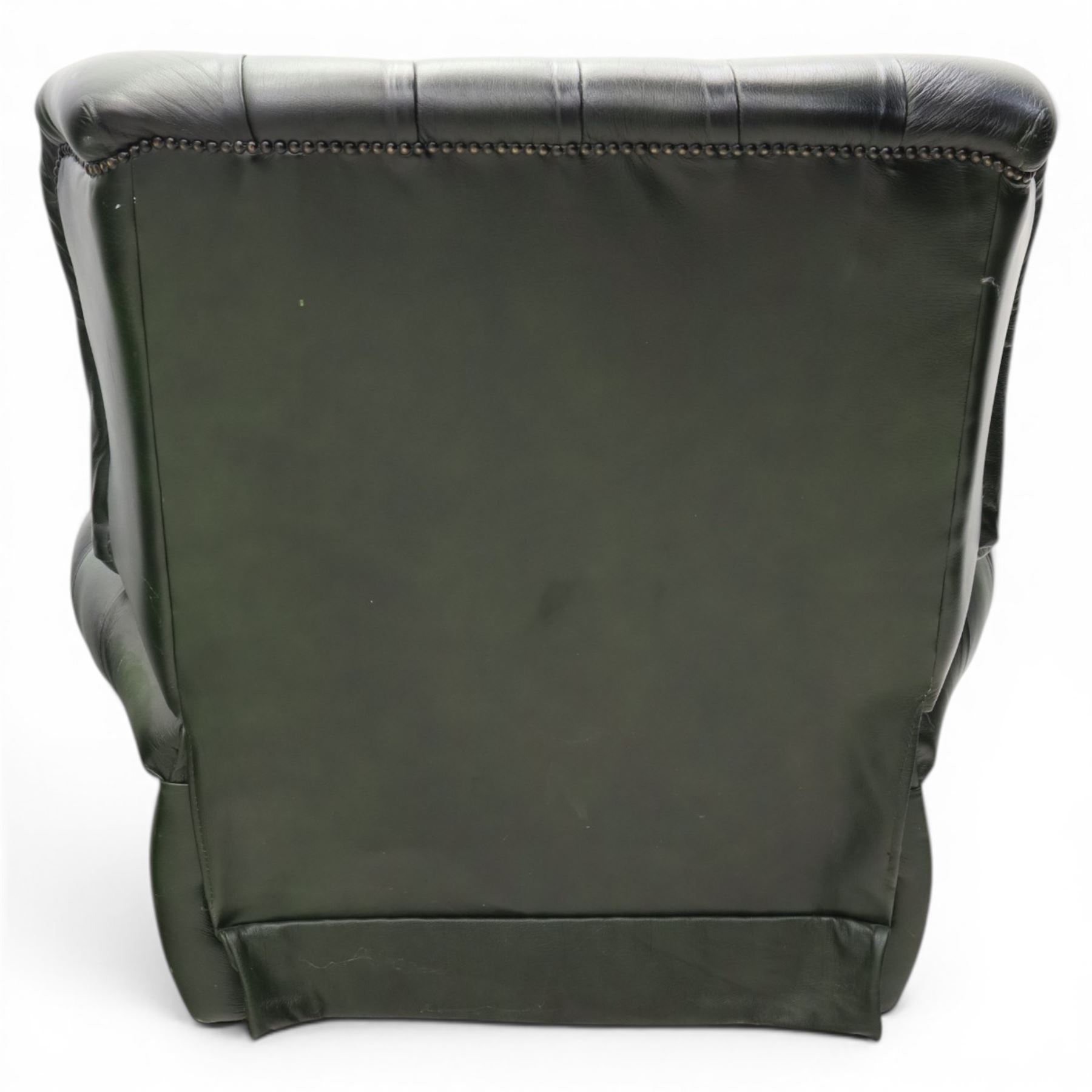 Thomas Lloyd - green leather chesterfield armchair, buttoned back, apron arm rests
