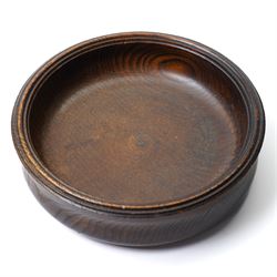 Carved bowl with central Yorkshire Rose motif, with white metal plaque, D25cm; and a similar turned bowl with white metal plaque, D22cm (2)