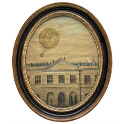 English School (18th Century): 'Mr St. Croix Ascending with his Balloon from the Castle Yard Exeter - 19th June 1786', Georgian oval watercolour unsigned, titled verso 24cm x 19cm 
Notes: Various historical accounts recall Mr St Croix's ascent as a spectacle, namely Samuel Poole, an Exter Dyer, who wrote 'Mr St. Croix went up in an air Balloon from the Castle Yard and floated in the air near one Hour it took its Course away to Cadely (Cadeleigh) where by accident it bursted and fell a distance of about 9 miles'