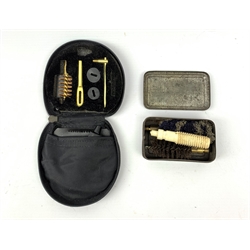 Three 19th/early 20th century 12-bore cartridge re-loading tools; and quantity of gun cleaning items including pouched sets etc