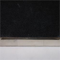 1960s silver mounted cigarette box, of rectangular form with engine turned decoration, upon four bracket feet, with presentation engraving to interior lid reading  'British Aircraft Corporation (Operating) Limited Commemorating the Queen's Award to Industry 1967, hallmarked James Geraghty, Birmingham 1965, with retailers mark for Asprey, W16.5cm, H4.5cm