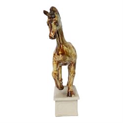 Owen Thorpe, studio pottery horse, standing with one leg raised, upon a rectangular plinth, H35cm 