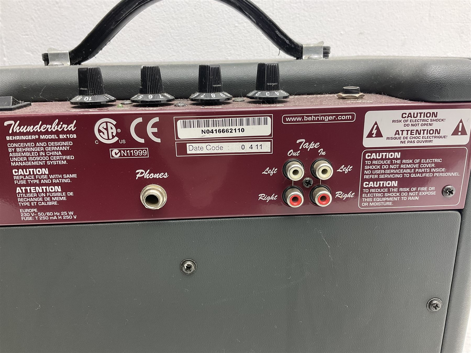 Richwood electric bass guitar in blue, cream and natural finish L117cm; in Fender soft carrying case; together with Behringer Thunderbird Bx108 amplifier date code 0 4 11.