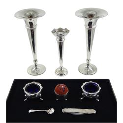 Pair of silver trumpet vases by Barker Brothers (Herbert Edward Barker & Frank Ernest Barker), Chester 1911, silver specimen vase, two silver salts by John Rose, Birmingham 1924, silver pin cushion and silver penknife with steel blades, hallmarked