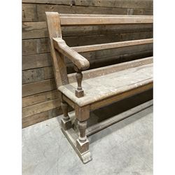 Victorian pitch pine bench pew, turned arms and legs, rail back with plank seat, 274cm
