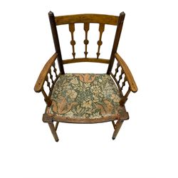19th century ash and beech Sussex type elbow chair, the back and arms with arrow shaped vertical rails, upholstered seat, on turned supports