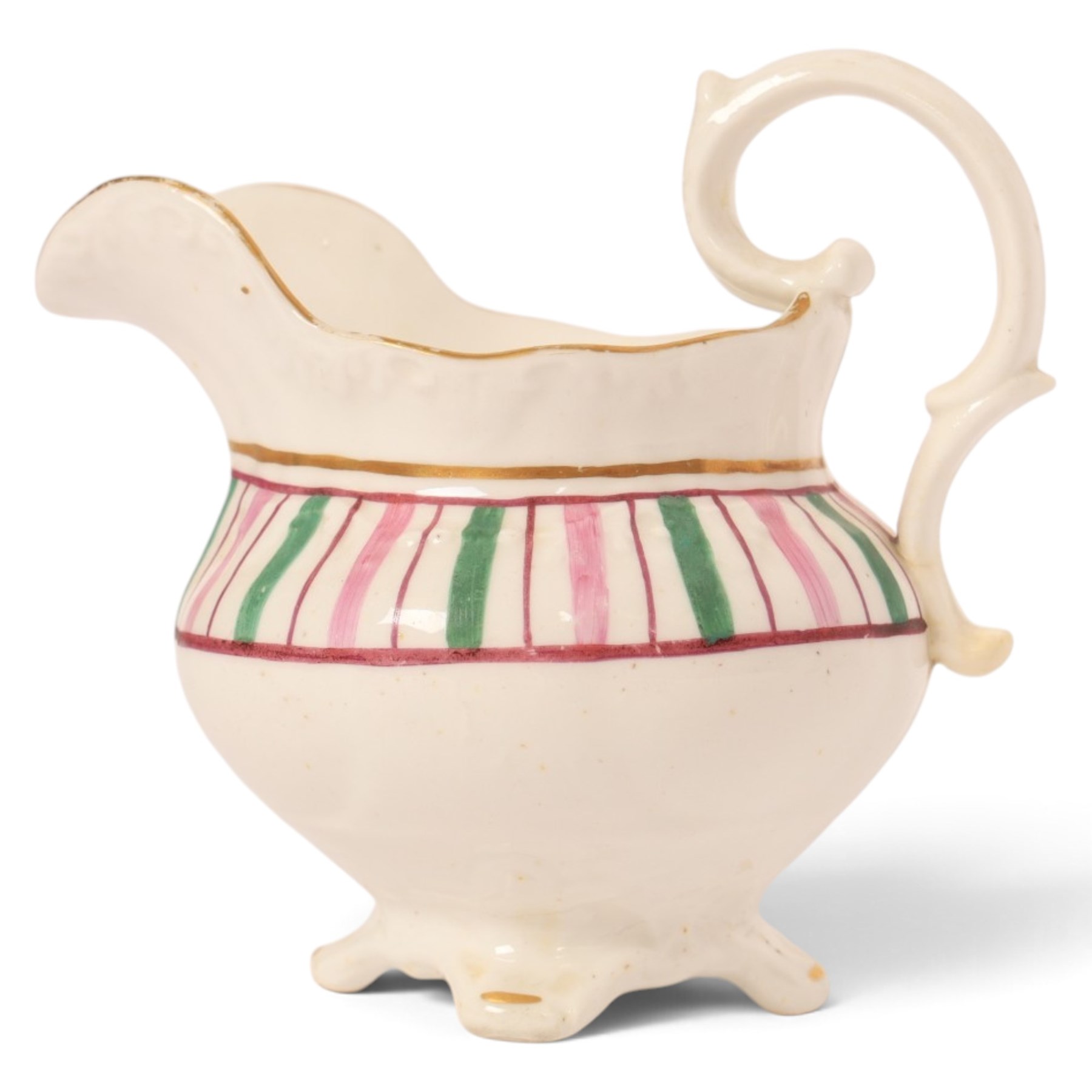 Late 19th century tea service, decorated with a green and pink strips, with internal decoration of budding branch within a gilt band upon a white glazed ground, comprising  twin handle lidded sucrier, milk jug, three serving plates, nine cups and saucers and four teacups