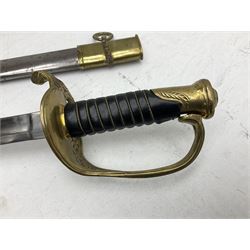 Reproduction American Civil War Cavalry trooper's sword, the 88cm slightly curving fullered steel blade marked to the ricasso 'Ames & Co Chicopee Mass.' and 'US ADK 1862'; brass hilt and leather covered grip; in steel scabbard L110cm overall;  and another reproduction sword (2)