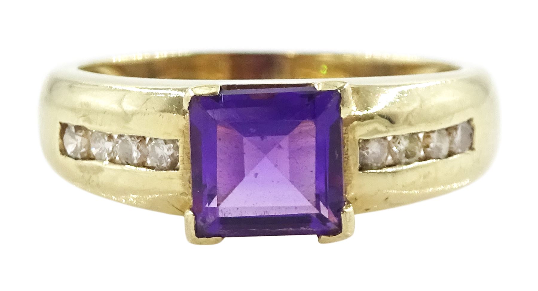 9ct gold princess cut amethyst ring, with diamond set shoulders, hallmarked