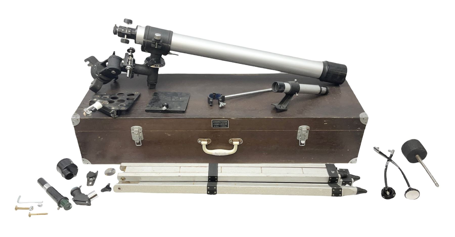 Astronomical telescope with achromatic coated lens, with tripod in wooden box 